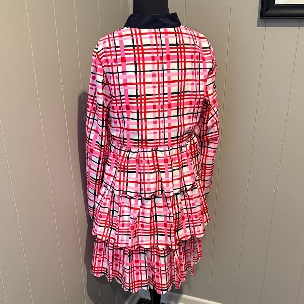 Sail to Sable Red Pink and White V Neck Layered Preppy Plaid Midi Dress - Picture 4 of 5